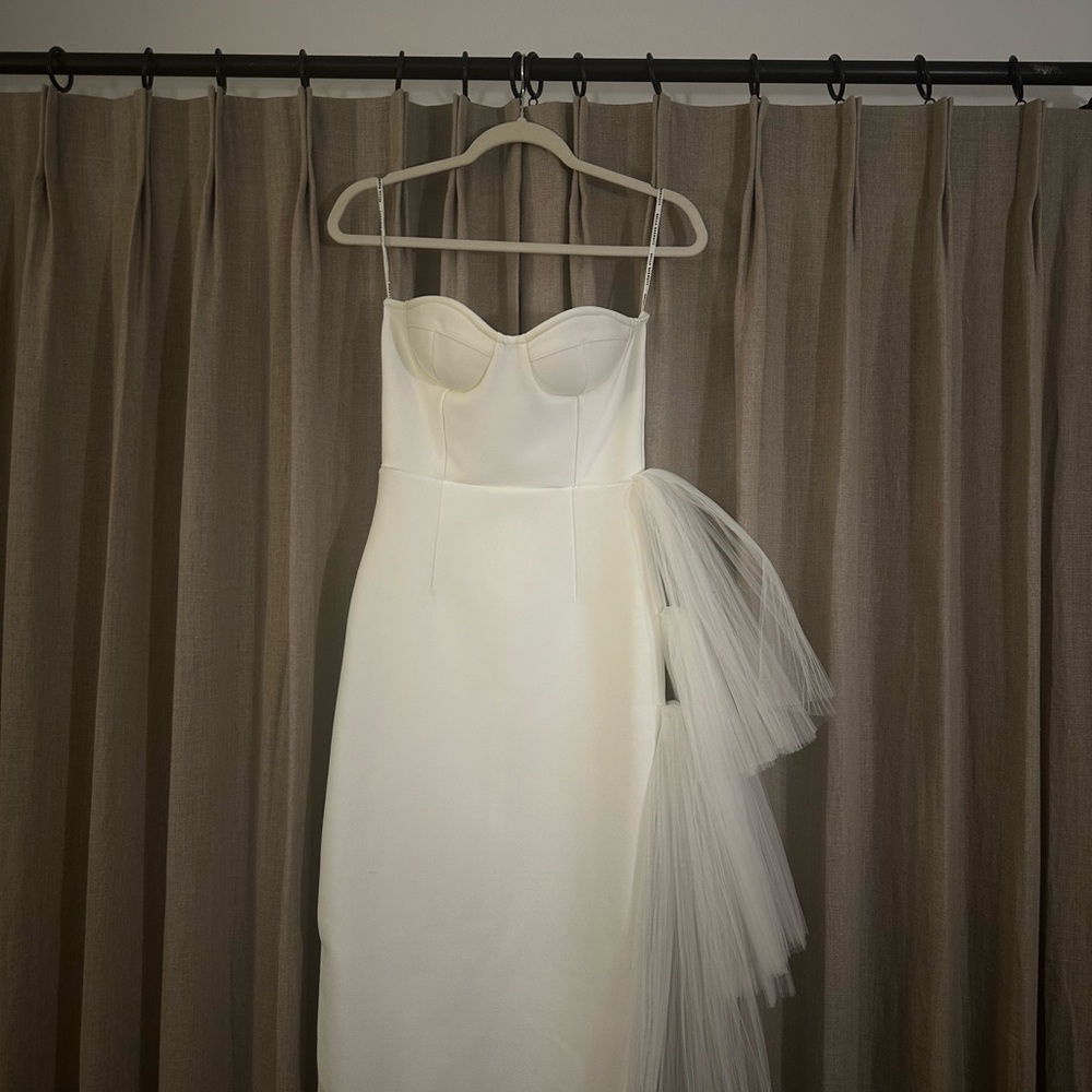 Brand New Elegant White Strapless Bella Barnett Dress with Tulle Accent